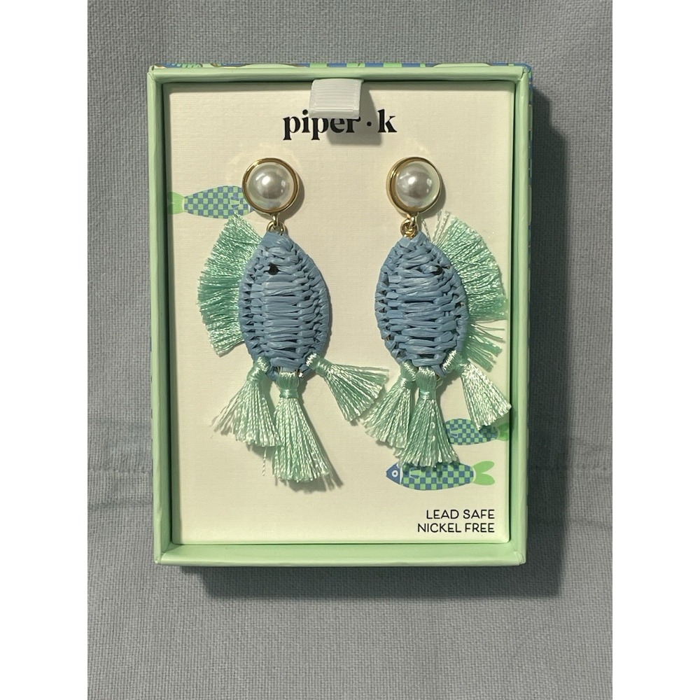 NEW Set of Piper-K Blue/Teal Earrings - Wicker Fish Shape w/ Faux Pearls